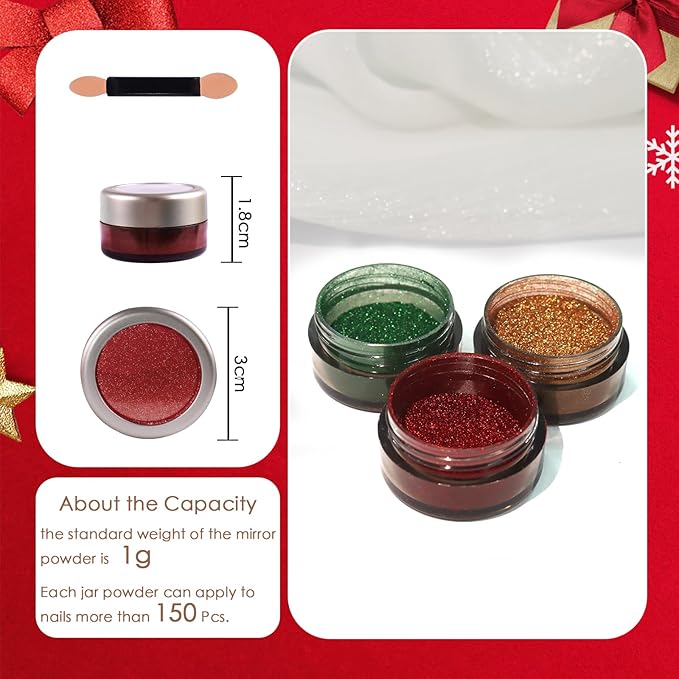 Laza 3 Colors Chrome Nail Powder Mirror Effect Metallic Dust Holographic Glitter Glazed Manicure Decoration Reflective Pigment for DIY Gel Polish Nail Art, Resin Craft, Gifts - Joyful Christmas