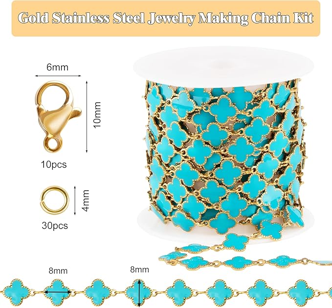 GTVOODX 18K Gold Stainless Steel Chain Bulk 9.8 Feet Unfinished 8mm Blue Enamel Four Leaf Clover Link Chains Spool Bulk for Women Jewelry Making with Lobster Clasps Jump Rings