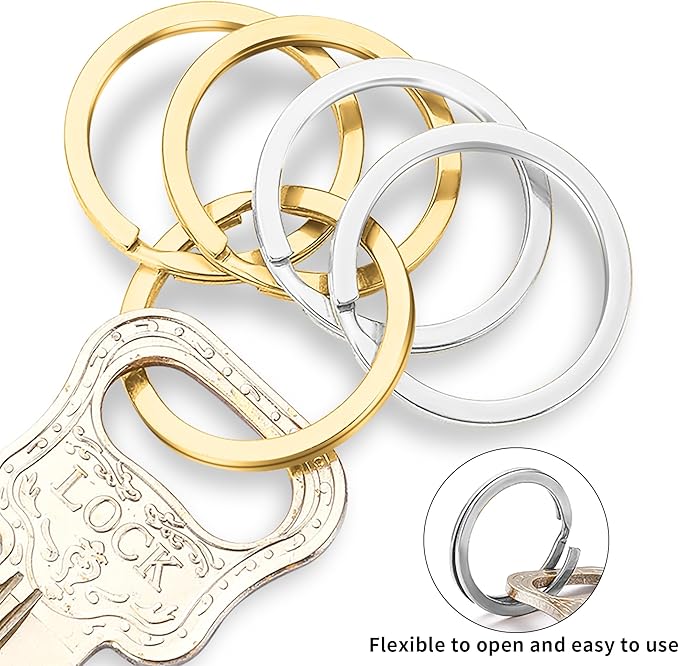 Gkeygo Key Rings, 12 pcs Stainless Steel Key Ring for Keychains, 1inch Flat Split Keychain Ring for Car Keys Dog Ring Tag Lanyards Home School Office DIY, Silver - Gold