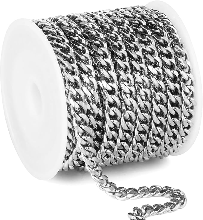 16.5FT Stainless Steel Cuban Chain Roll 6MM Width Diamond-Cut Curb Link Chains Spool Bulk for DIY Crafts Jewelry Making