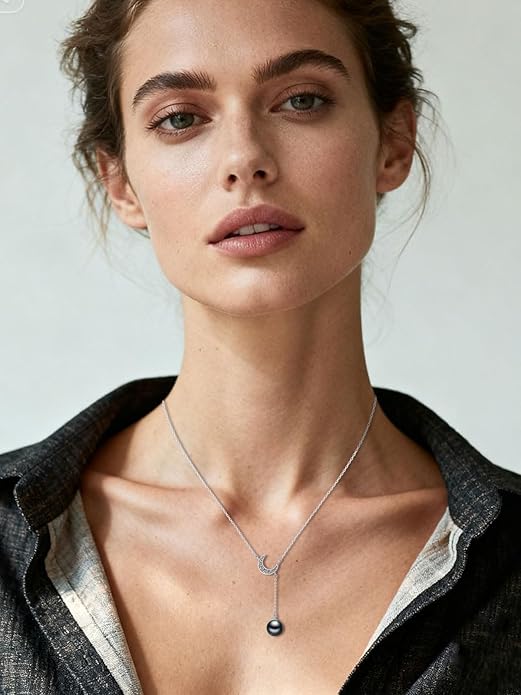 Tahitian Black Pearl AAAA 18K White Gold Plated Sterling Silver Moon Pendant Y Necklace for Women Wife Mom Girlfriend Her Jewelry Gift for Anniversary Birthday
