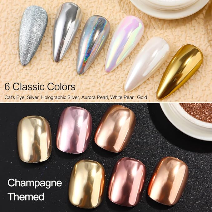Chrome Nail Powder Set - 12 Colors Chrome Powder for Nails White Pearl Mirror Effect Gold Silver Champagne Metallic Holographic Dip Nail Powder Kit Glitter Pigment for Manicure Decor