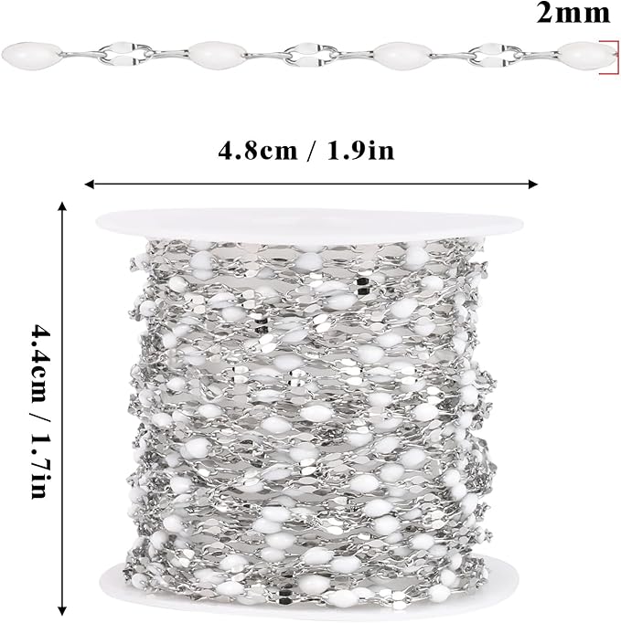 16.5FT White Enamel Dapped Chain Roll, 2MM Stainless Steel Enalem Lip Link Chains Spool Bulk for DIY Jewelry Making