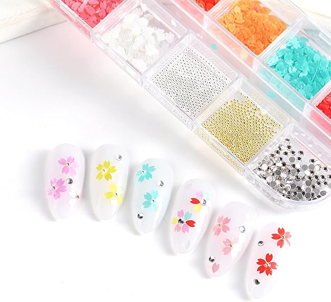 Flower Petals Glitter Nail Art Sequins, Mixed Floral Nail Flakes Beads Rhinestone Nail Art Design, 3D Flowers Acrylic Nails Supplies for Women Girls Manicure Charms Decorations, Flower Nail Art Tips