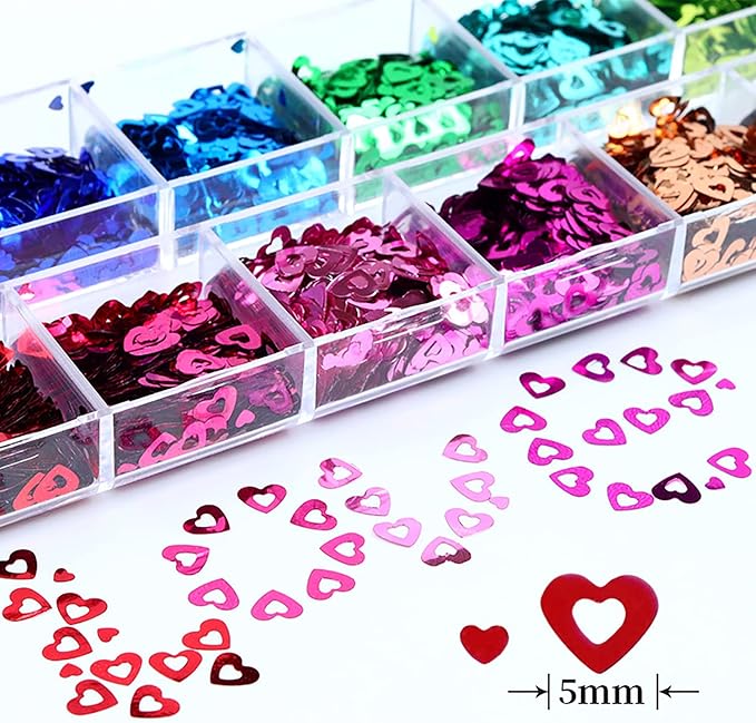 Love Heart Nail Art Glitter Sequins, 12 Colors Holographic Hollow Heart Shapes Nail Flakes Designs, 3D Laser Sparkly Big Small Hearts Nails Supplies for Women Manicure Decorations, DIY Shiny Crafts
