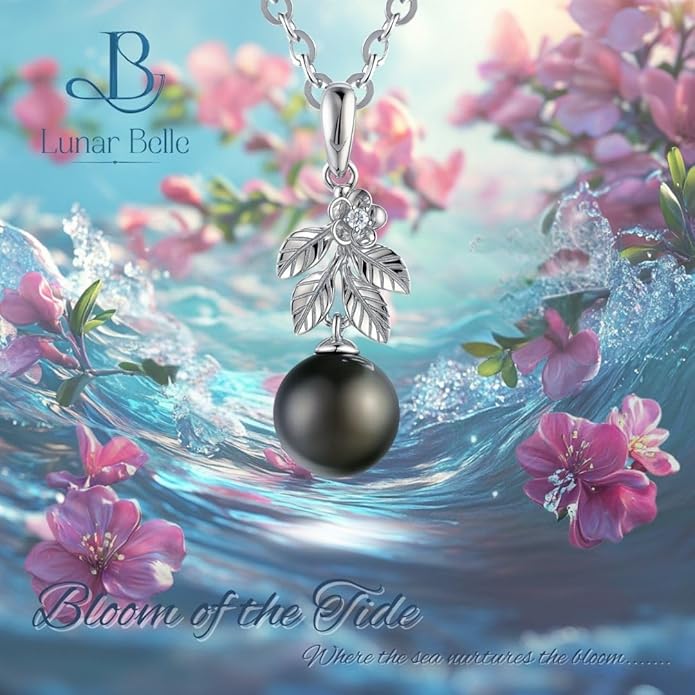Lunar Belle Black Pearl Pendant Gift for Wife Women, 925 Sterling Silver Moissanite Setting, Fine Luxury Jewelry Graduation Birthday Girlfriend (Sea Fern Bloom)