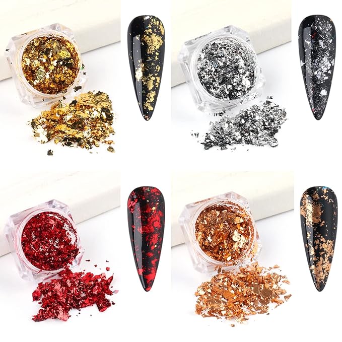 Holographic Nail Foil Glitter Flakes 3D Sparkly Aluminum Foil Flake Sequins Nail Art Accessories Rose Gold Red Silver Foils Glitter Nail Supplies Mirror Powder Acrylic Nails Decoration (4Boxes)