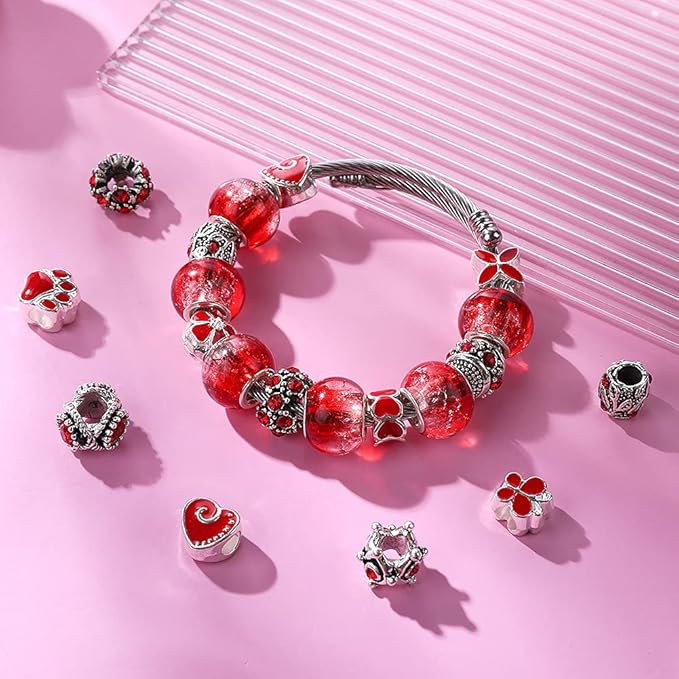 60 Pieces Assorted European Beads with Plating Silver Metal Alloy Rhinestone Large Hole Spacer Beads for DIY Charm Bracelet Jewelry Making (Red)