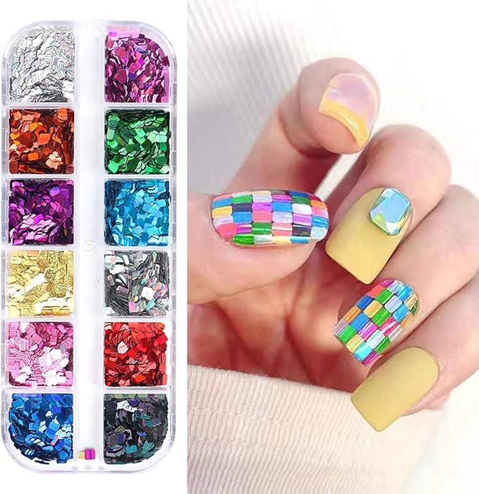 Laser Square Glitter Nail Art Sequins, Holographic 3D 12 Colors Glitter Flakes Design, Rectangle Shape Nail Shiny Supplies for Women Girls Manicure Powder Charms Decorations, DIY Resin Nail Art Tips
