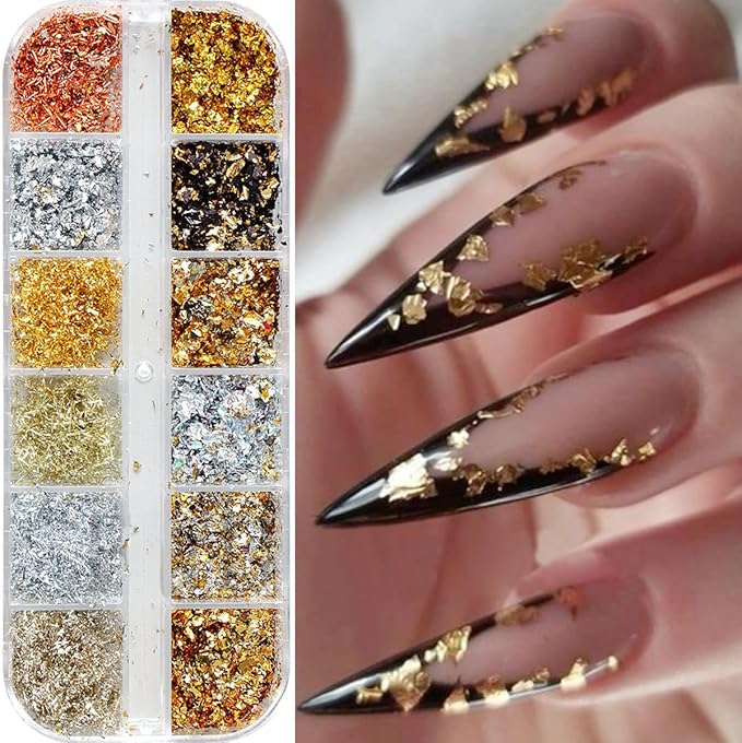 Holographic Nail Glitter Gold Foils for Women Kit -Sparkly Ultra-Thin Aluminum Foil Flake Nail Supplies Irregular Foil Glitter Flakes Design Powder Nail Glitters Sequins DIY Manicure Tip Charms Decor