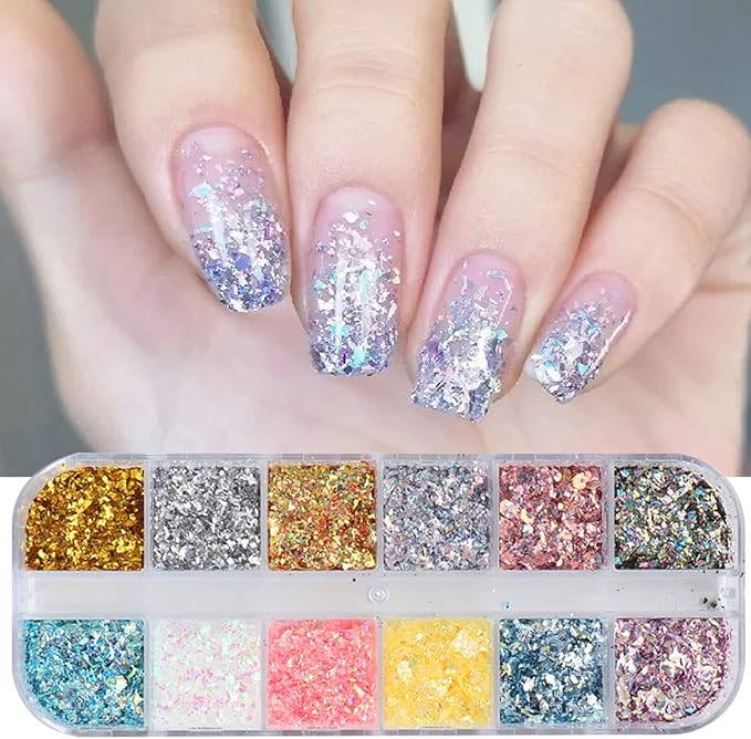 12 Colors Glitter Art Sequins, Holographic Irregular Sparkly Flakes Designs, 3D Laser Ultra-Thin Shiny Acrylic Nail Supplies for Women Girls Manicure Charms Decorations, Crafts