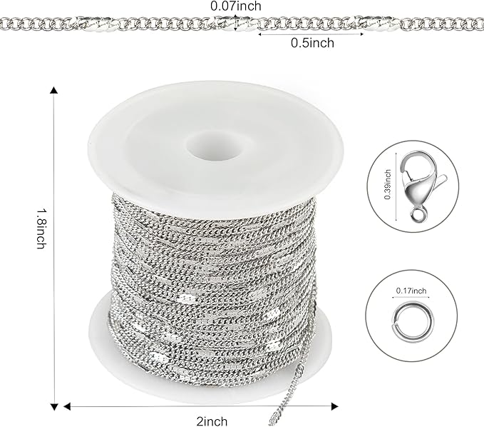 Kyutong 10M Stainless Steel Chain for Jewelry Making Thin Curb Silver Chains for Necklace Bracelet Making Supply Jewelry Findings