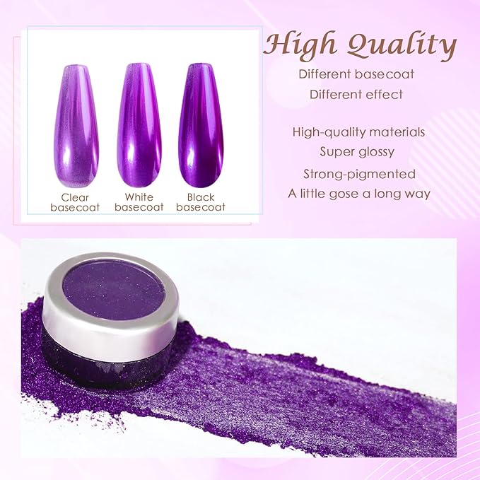 Laza Chrome Nail Powder Mirror Effect Metallic Dust Holographic Glitter Glazed Manicure Decoration Reflective Pigment for DIY Gel Polish Nail Art, Resin Craft, Gifts - Purple