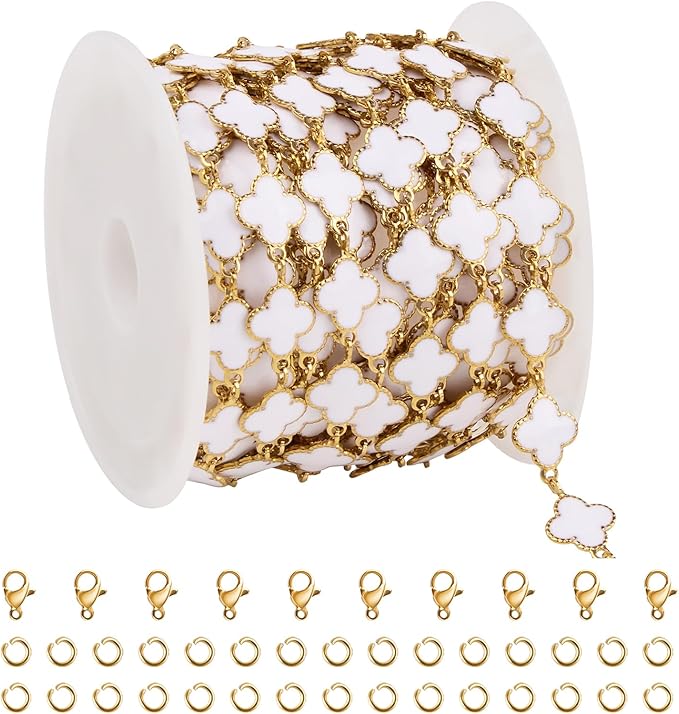 GTVOODX Gold Plated White Enamel Clover Link Chain 9.8 Feet Stainless Steel Craft Chain Bulk for Women DIY Jewelry Making with Lobster Clasps Jump Rings