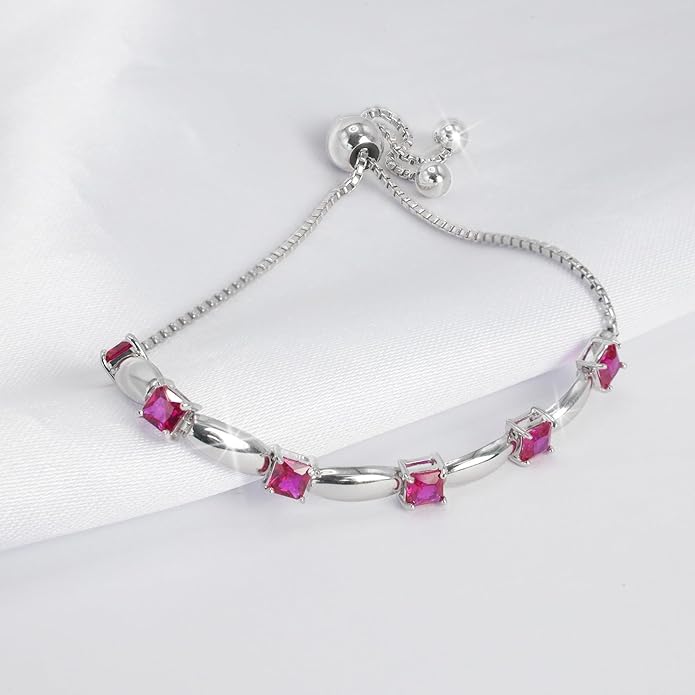 Fine Bracelet Tennis Style Pull String Birthstone Jewelry Gift for Women 925 Sterling Silver Square Sparkling Bolo Gemstone Jewelry Adjustable Bracelets