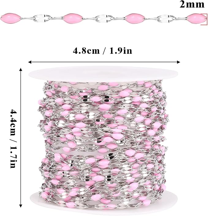 16.5FT Pink Enamel Dapped Chain Roll, 2MM Stainless Steel Enalem Lip Link Chains Spool Bulk for DIY Jewelry Making
