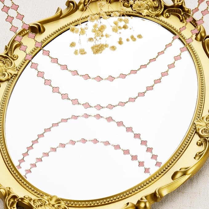 GTVOODX 8mm Pink Enamel Clover Chain Roll Gold Filled 3 Meters Stainless Steel Handmade Link Chains Spool Bulk for Women Jewelry Making with Lobster Clasps Jump Rings