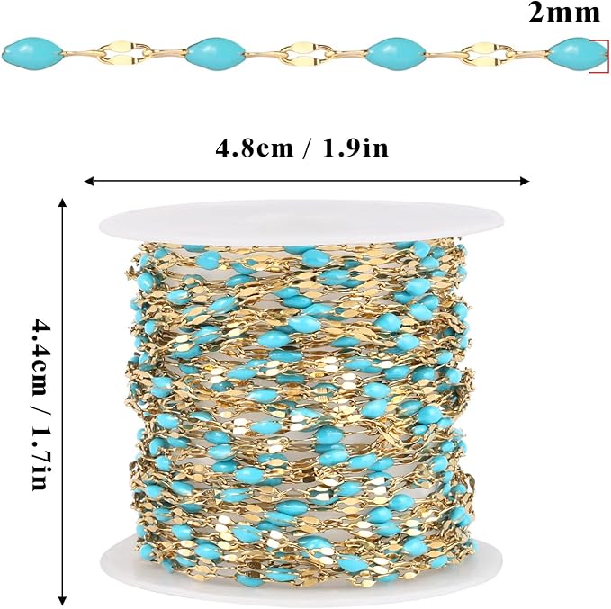 16.5FT Gold Blue Enamel Dapped Chain Roll, 2MM 18K Gold PVD Plated Stainless Steel Enalem Lip Link Chains Spool Bulk for DIY Jewelry Making