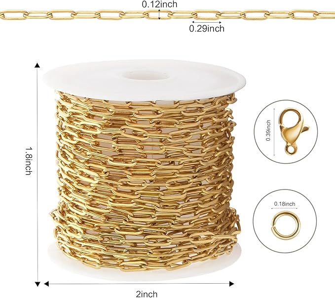 Kyutong 5M Gold PVD Plated Necklace Chain for Jewelry Making 304 Stainless Steel Paperclip Chain Roll with Lobster Clasps and Jump Rings for Men Women Making Jewelry Craft Support Jewelry Findings