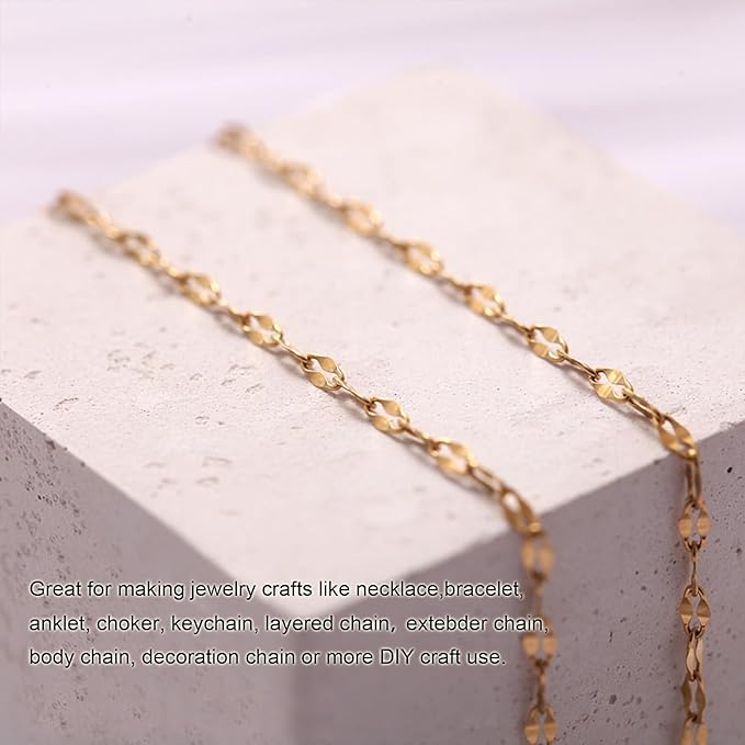 Kyutong 32.8 Feet Thin Stainless Steel Lip Chain Roll Gold Chain for Jewelry Making with Accessories for Necklace Choker Bracelet DIY Jewelry Craft Supplies