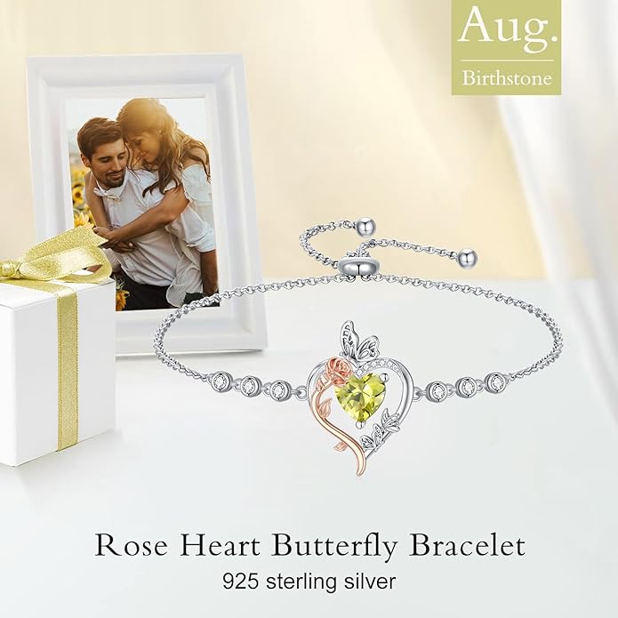 TOUPOP Rose Heart Birthstone Bracelet 925 Sterling Silver Butterfly Heart Bracelet Love Jewelry for Women Anniversary Valentines Day Birthday Gifts for Her Wife Mom