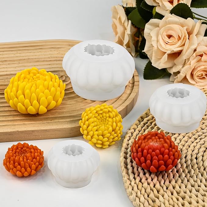 3 Pack Flower Candle Molds, Fall Candle Molds Set of Large + Medium + Small 3D Plant Chrysanthemum Silicone Mold for Candles Wax Soap Epoxy Resin Clay Plaster Christmas Home Décor Handmade Gift
