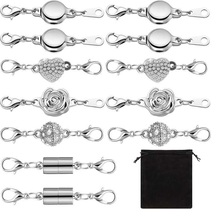 MTLEE 12 Pcs Necklace Magnetic Clasps and Closures Lobster Clasps Silver Magnetic Jewelry Clasps Locking Necklace Extender Round Rhinestone Ball Magnetic Clasps for Bracelets Making Multiple Styles