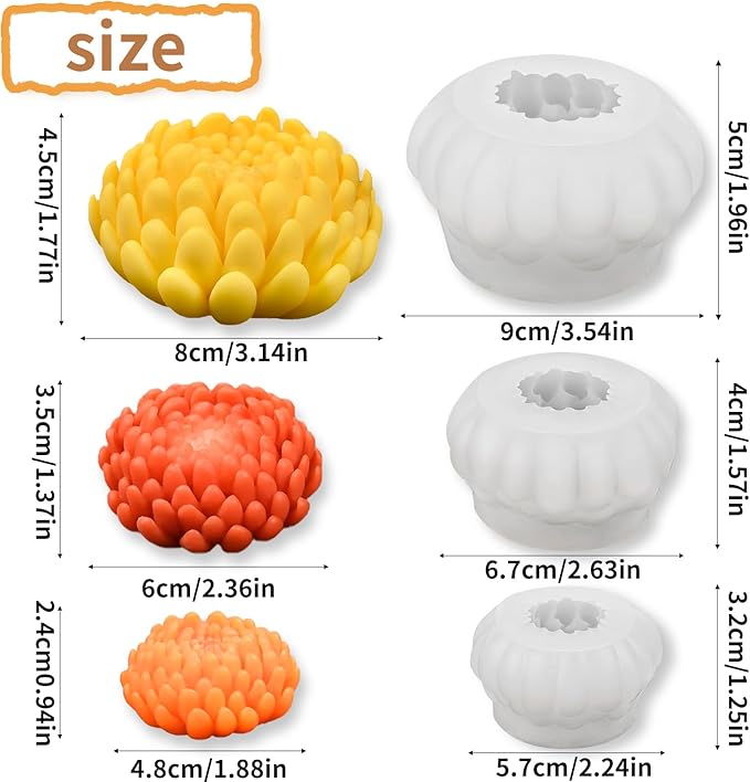 3 Pack Flower Candle Molds, Fall Candle Molds Set of Large + Medium + Small 3D Plant Chrysanthemum Silicone Mold for Candles Wax Soap Epoxy Resin Clay Plaster Christmas Home Décor Handmade Gift