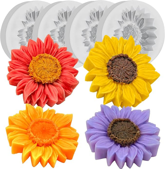 ZQYSING 4 Pcs Sunflower Candle Molds, 3D Flower Fondant Chocolate Cake Cupcake Topper Decoration Silicone Mold, DIY Tealight Candle Soap Wax Epoxy Resin Concrete Casting Polymer Clay Craft