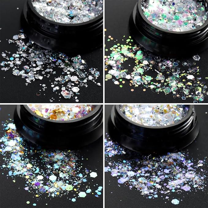 4 Boxes Chameleon Holographic Glitter Nail Art Sequins, Iridescent Mermaid Hexagon Flakes Sparkle Glitters Powder Dust Accessories for Women Manicure DIY Nail Art Decoration