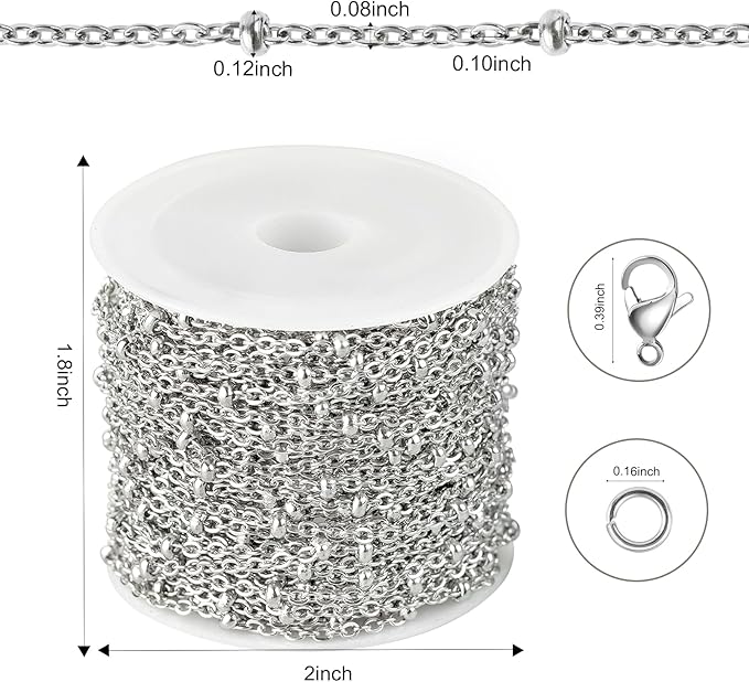 Kyutong Dainty Beaded Chain for Jewelry Making Silver Cable Chain Spool 304 Stainless Steel Chains Link for Women Men Making Jewelry Craft Finding Supplies