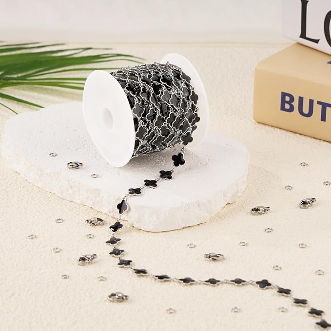 Stainless Steel Black Enamel Four Leaf Clover Chain 3 Meters 8mm Permanent Jewelry Chain Roll Bulk with Lobster Clasps Jump Rings