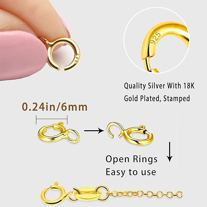 Spring Clasps Sterling Silver with Open Jump Rings Gold Necklace Clasps and Closures for Jewelry making,Made in Italy