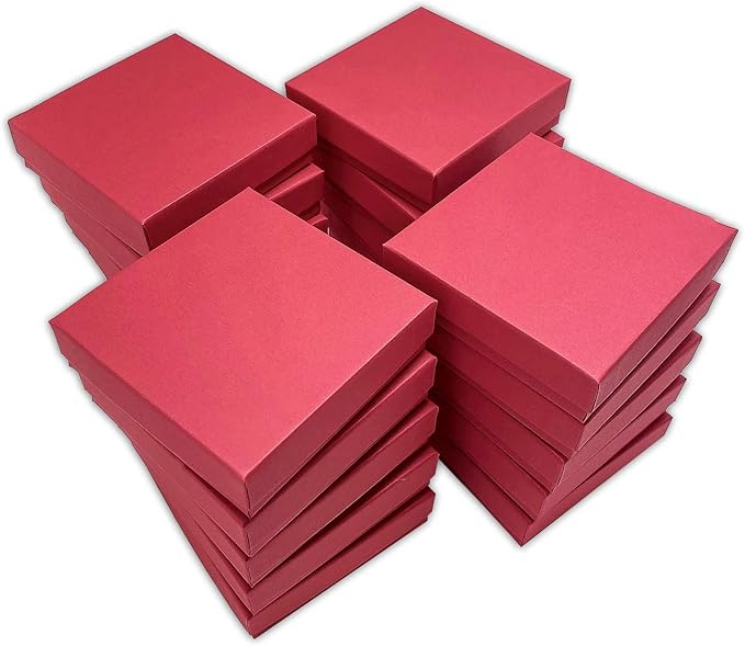TheDisplayGuys - 100-Pack #34 Cotton Filled Cardboard Paper Jewelry Boxes Gift Case - Matte Red (3.9" x 3.9" x 2.0") - for Shipping or Storage