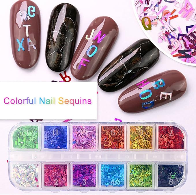 12 Colors Letter Nail Art Glitter Sequins, 3D Sparkly Alphabet Nail Flakse Designs, Letters Nail Art Sequins Supplies for Women Girls Manicure Charms Decorations, DIY Shiny Letter Resin Nail Art Tips