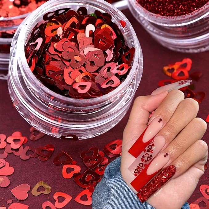 6Pcs Valentines Nail Art Glitter Flake 3D Red Nail Sequins Heart Shaped Nail Art Decoration Holographic Valentine’s Day Nail Glitter Decals Romantic Red Powder Flakes for Body Makeup Nails Accessories