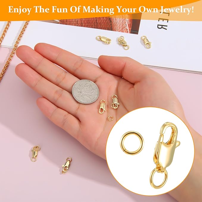 10 Pcs Lobster Claw Clasps, Gold Lobster Claw Clasp with Closed Jump Rings, 14K Gold Jewelry Making Clasps and Closures, 12mm (0.47inch)