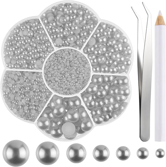 NACHLYNN 6480 Pcs Flat Back Pearl 7 Sizes Half Pearl Bead Silver Gray Half Round Pearls for Crafts Embellishment Shoes Clothes Bags DIY Making
