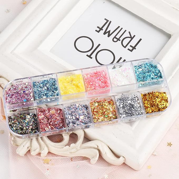 12 Colors Glitter Art Sequins, Holographic Irregular Sparkly Flakes Designs, 3D Laser Ultra-Thin Shiny Acrylic Nail Supplies for Women Girls Manicure Charms Decorations, Crafts