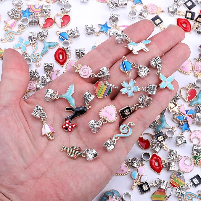 60 Pieces Assorted European Beads with Plating Silver Metal Alloy Rhinestone Large Hole Spacer Beads for DIY Charm Bracelet Jewelry Making (Alloy Coating Color Pendant)