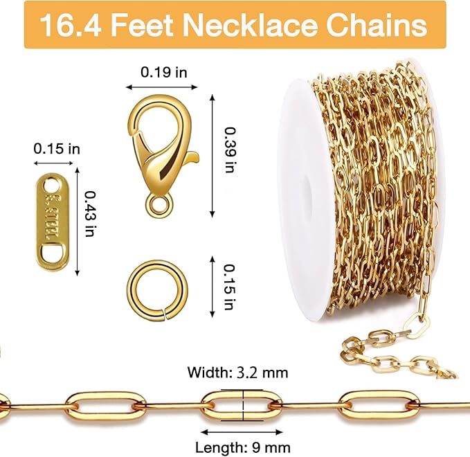 16.4Ft Paperclip Chains Rolls, Charm Necklace Chain 3.2mm Width，18K Gold Necklace Chain for Jewelry Making，Plated Charm Making kit with 10 Lobster Clasps and 60 Jump Rings