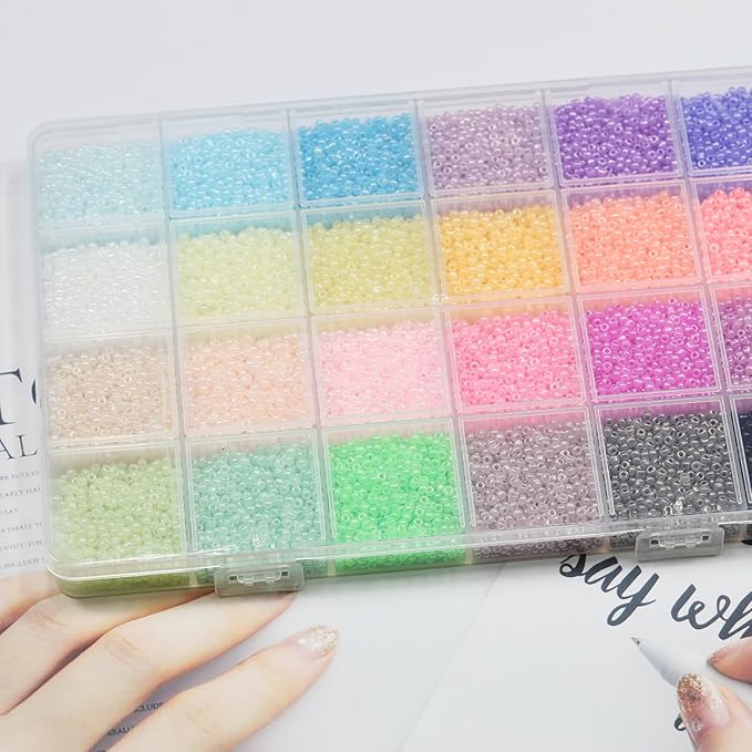 Size 12/0 Crafts Glass Seed Beads 2mm Tiny Pony Beads Assorted Kit with Organizer Box for Jewelry Making (24 Assorted Multicolor Set, Total About 16800pcs)