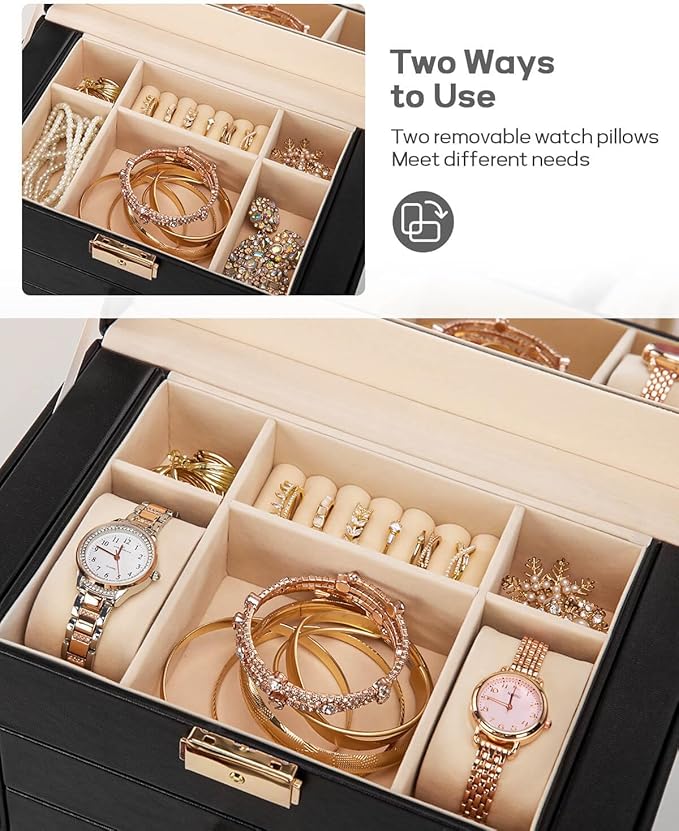 Homde Valentine's Day Gifts Synthetic Leather Huge Jewelry Box Mirrored Watch Organizer Necklace Ring Earring Storage Lockable Gift Case (Black + Gold)