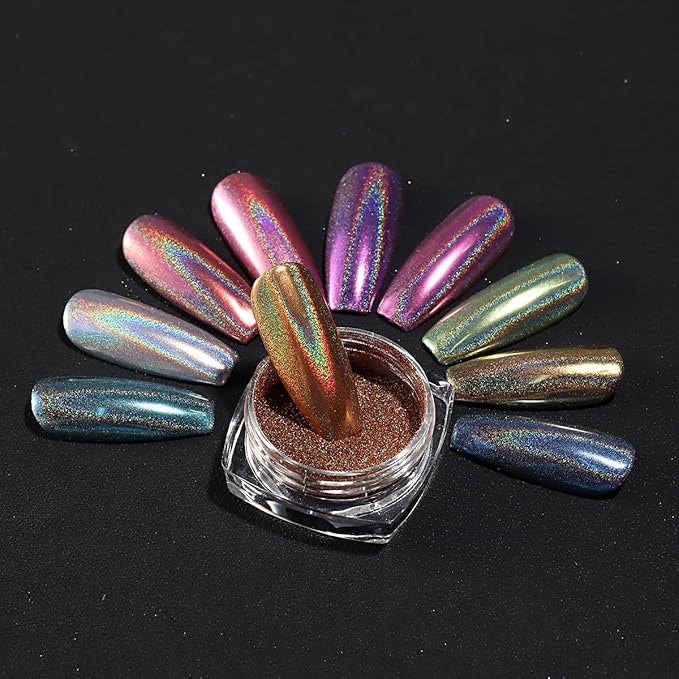 10 Colors Holographic Nail Powder, Holo Aurora Iridescent Metallic Mirror Laser Effect Chrome Pigment Glitter Dust for Salon Home Nail Art DIY Decorations