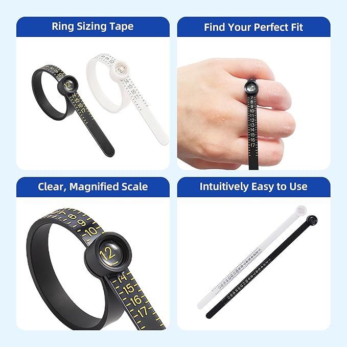 CllyCnny Ring Sizer Measuring Tool Kit : Mandrel Measurer with 27 Steel Measuring Rings US 0-13, 2 PCS Finger Size Gauge US 1-17, 4 PCS Finger Measurer Adjuster for Loose Rings for Men Women
