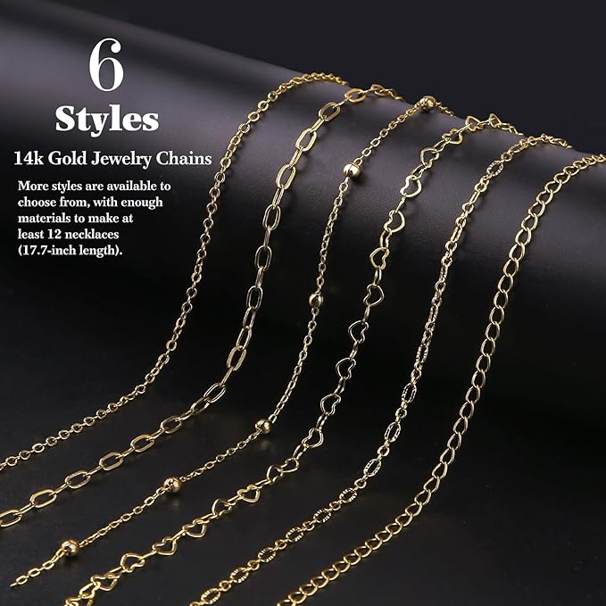 14k Gold Necklace Chains for Jewelry Making, Total 20 Feet 6 Rolls Bracelet Chains for DIY, 3.3 Feet Each Style, 14K Gold Plated Chain with Jump Rings/Lobster Clasps/Connectors