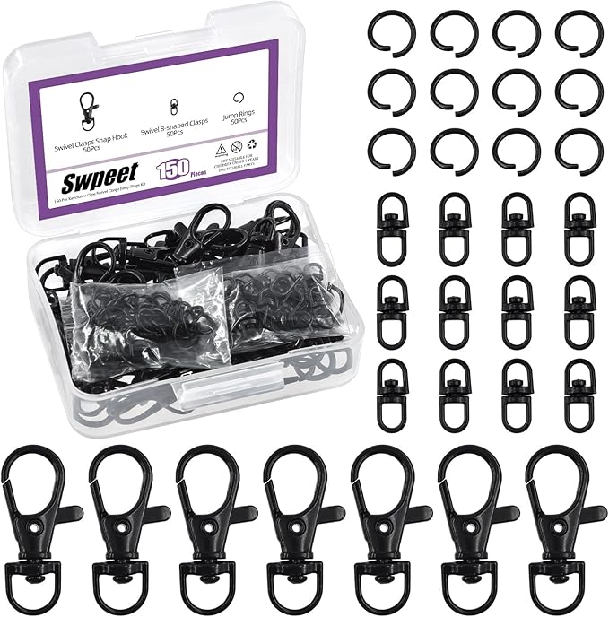 Swpeet Assorted 150Pcs Black Keychain Making Kit, 50Pcs Swivel Lobster Claw Clasps, 50Pcs Rotating 8-Shaped Buckle Claw Clasp, 50Pcs Jump Ring, Swivel Trigger Hook, Swivel Clasps Lanyard Snap Hook