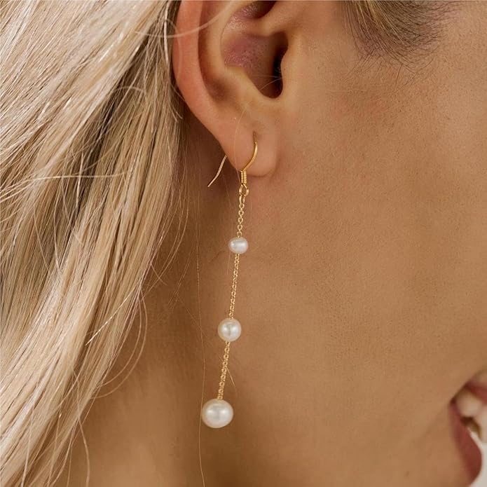 Pearl Earrings for Women - Dainty Gold Dangle Drop Earrings, 14k Gold Plated Cute Bow Design, Hypoallergenic Pearl Studs, Wedding Jewelry Gifts