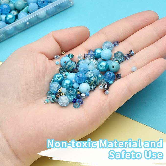 Rired 27 Assorted Craft Beads Bracelet Kit, Columbia Blue Bead Including 7 Types of Round/Glass Pony/Bicone Crystal Beads/Rondelle/Gravel and Seed Beads for Jewelry Making