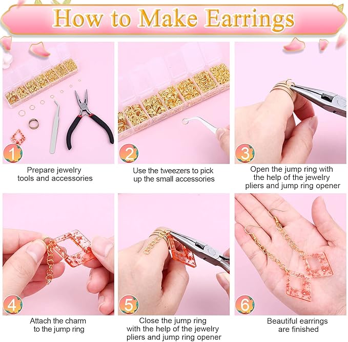 Paxcoo Gold Jump Rings for Jewelry Making - 1500Pcs Necklace Repair Kit With Supplies and Pliers for Bangle Charms, Earrings and Nail Piercing